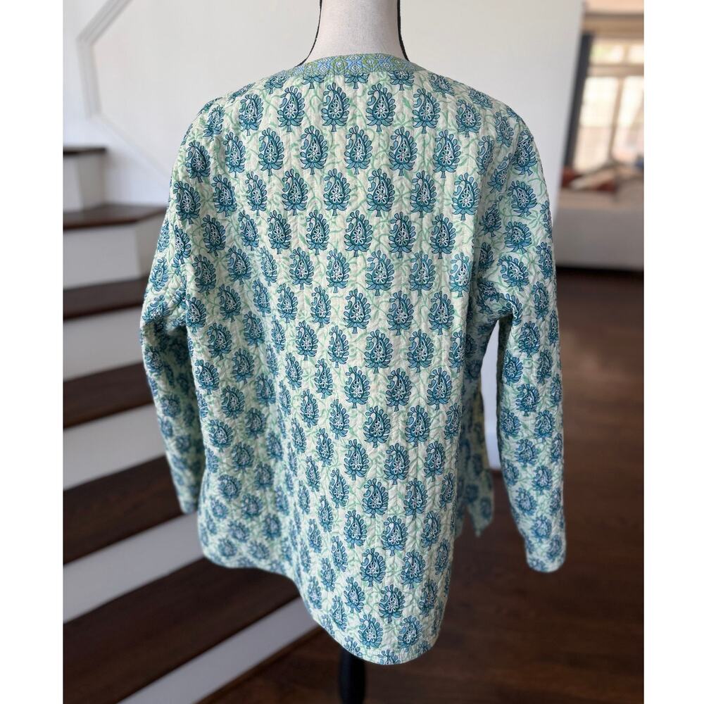 Vintage Green & Blue Reversible Indian Block Print Quilted Mosaic Floral Jacket - Picture 2 of 8